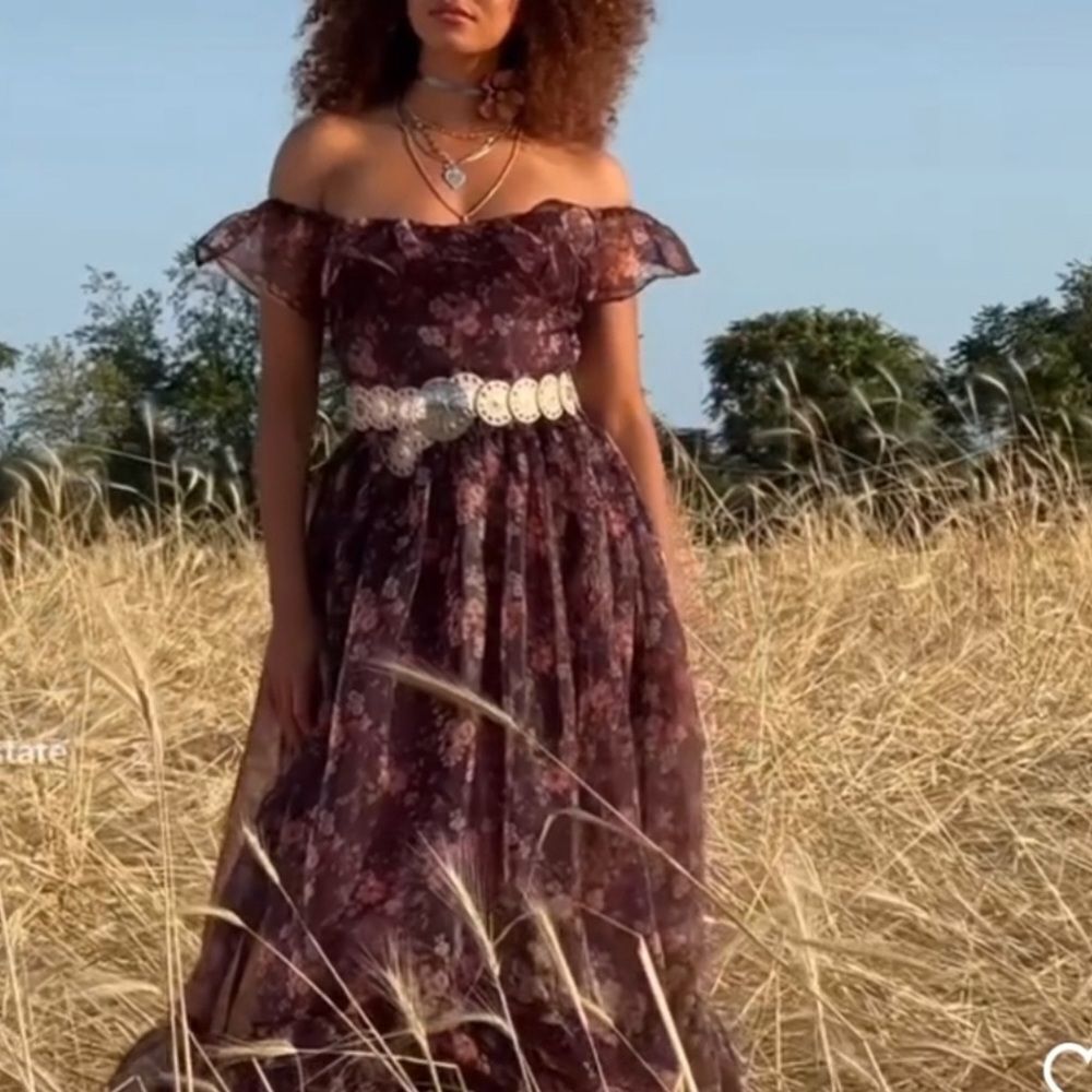 Altar'd State Burgundy Floral Off-Shoulder Maxi Dress